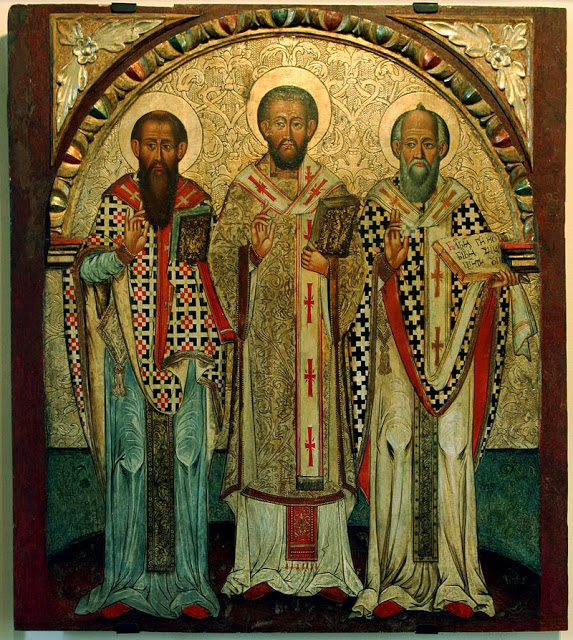 Three Holy Hierarchs Basil the Great (left), John Chrysostom (center) and Gregory the Theologian (right)